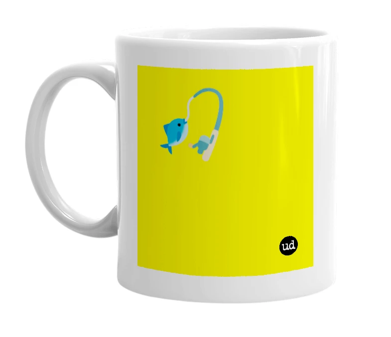 White mug with '🎣' in bold black letters