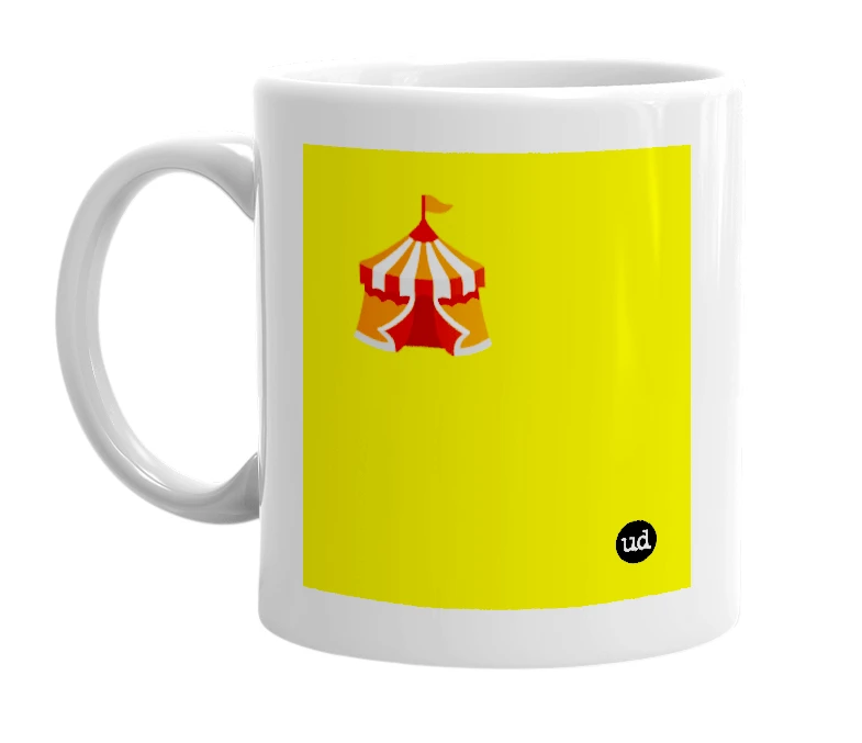 White mug with '🎪' in bold black letters