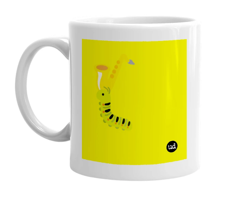 White mug with '🎷🐛' in bold black letters