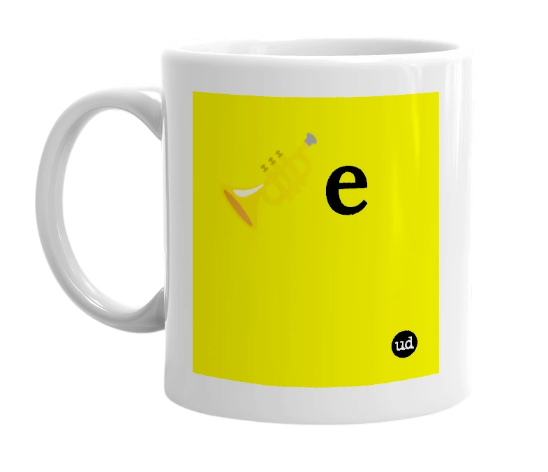 White mug with '🎺e' in bold black letters