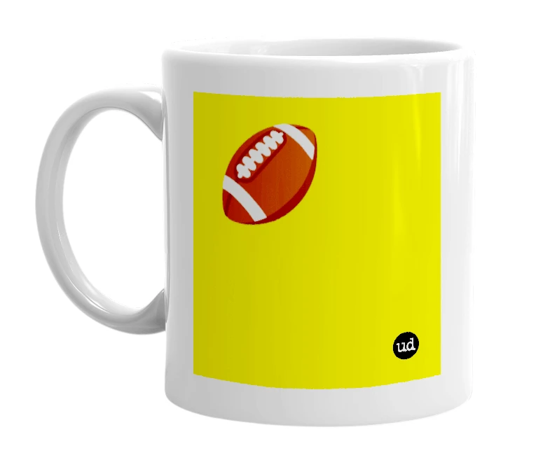 White mug with '🏈' in bold black letters