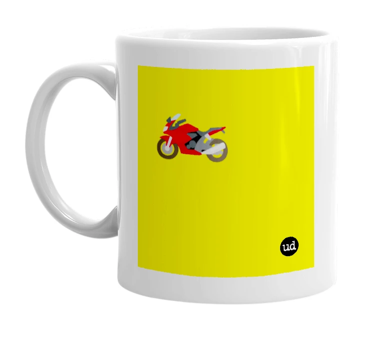 White mug with '🏍️' in bold black letters