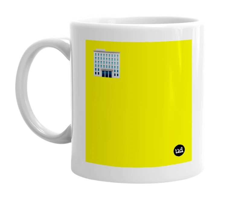 White mug with '🏢' in bold black letters