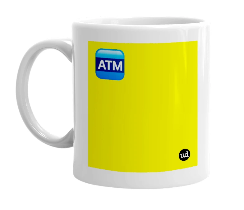 White mug with '🏧' in bold black letters
