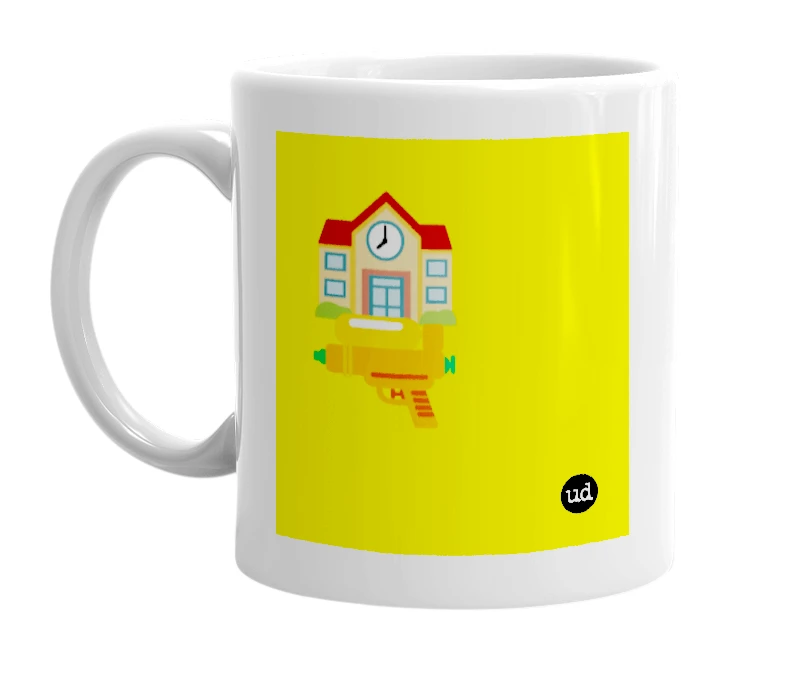 White mug with '🏫🔫' in bold black letters