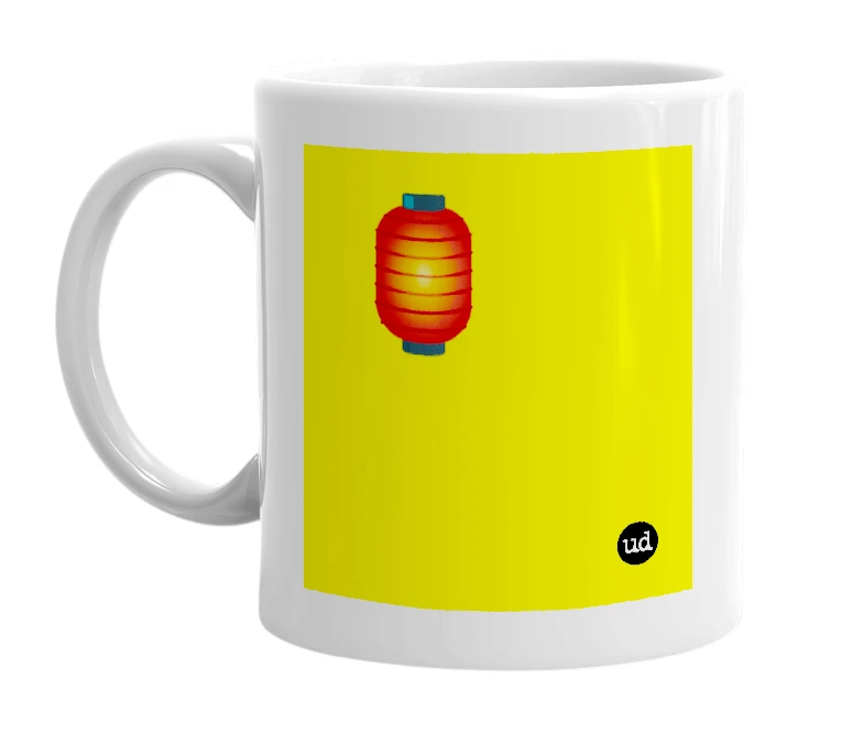 White mug with '🏮' in bold black letters