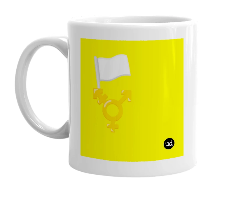 White mug with '🏳️ ⚧️' in bold black letters