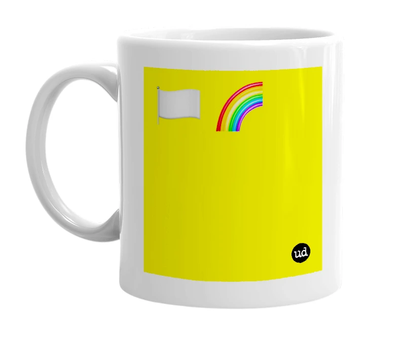 White mug with '🏳️ 🌈' in bold black letters