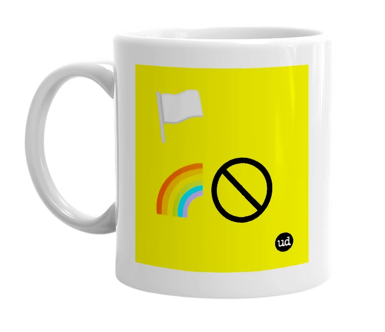 White mug with '🏳️ 🌈 ⃠' in bold black letters