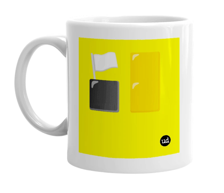 White mug with '🏳️ 🟧 ⬛️ 🟧' in bold black letters