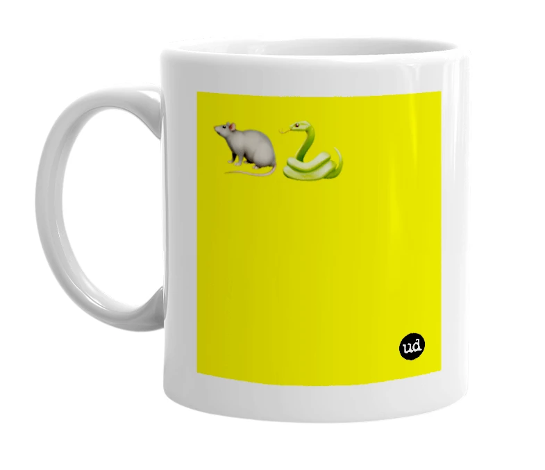 White mug with '🐀🐍' in bold black letters