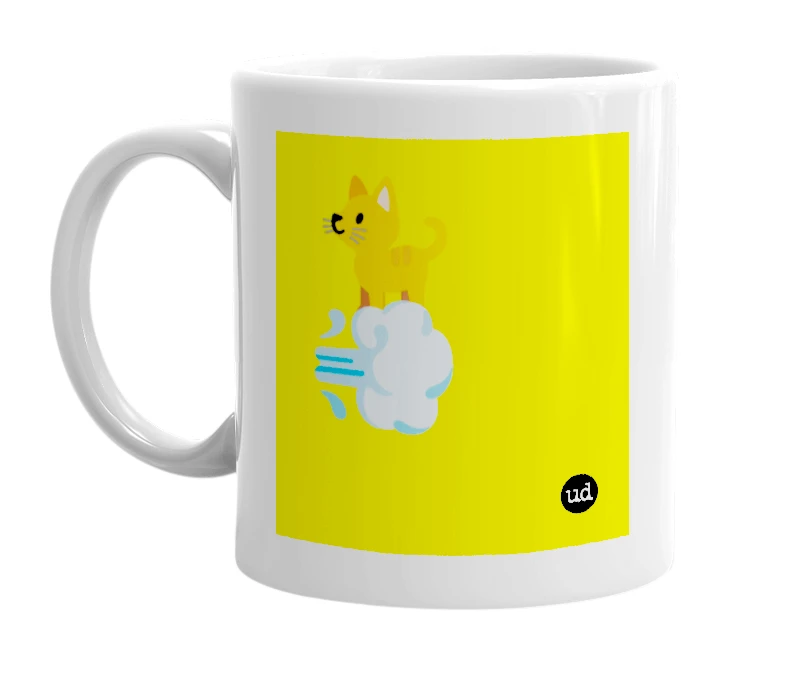 White mug with '🐈💨' in bold black letters