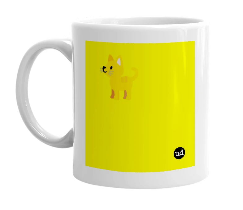 White mug with '🐈' in bold black letters