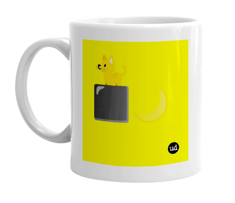 White mug with '🐈 ⬛🌙' in bold black letters