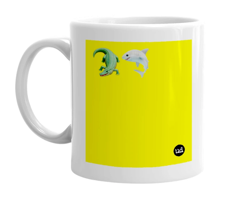 White mug with '🐊🦈' in bold black letters