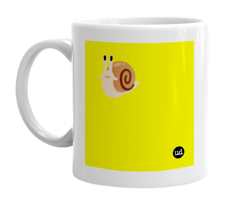 White mug with '🐌' in bold black letters