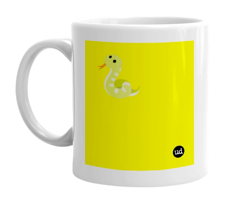 White mug with '🐍' in bold black letters