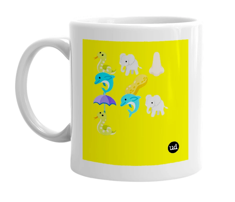 White mug with '🐍🐘👃🏼🐬 🥜☂️🐬🐘🐍' in bold black letters