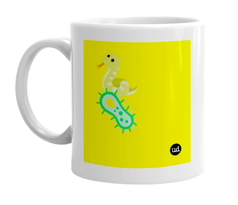 White mug with '🐍🦠' in bold black letters