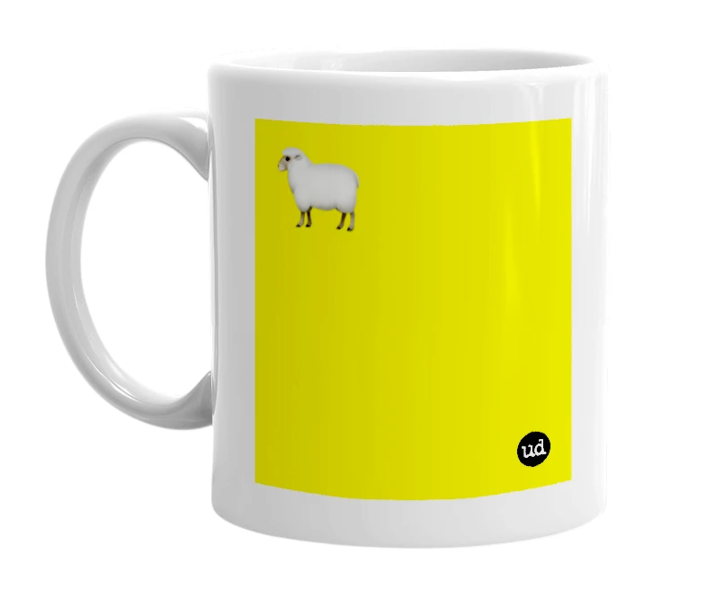 White mug with '🐑' in bold black letters