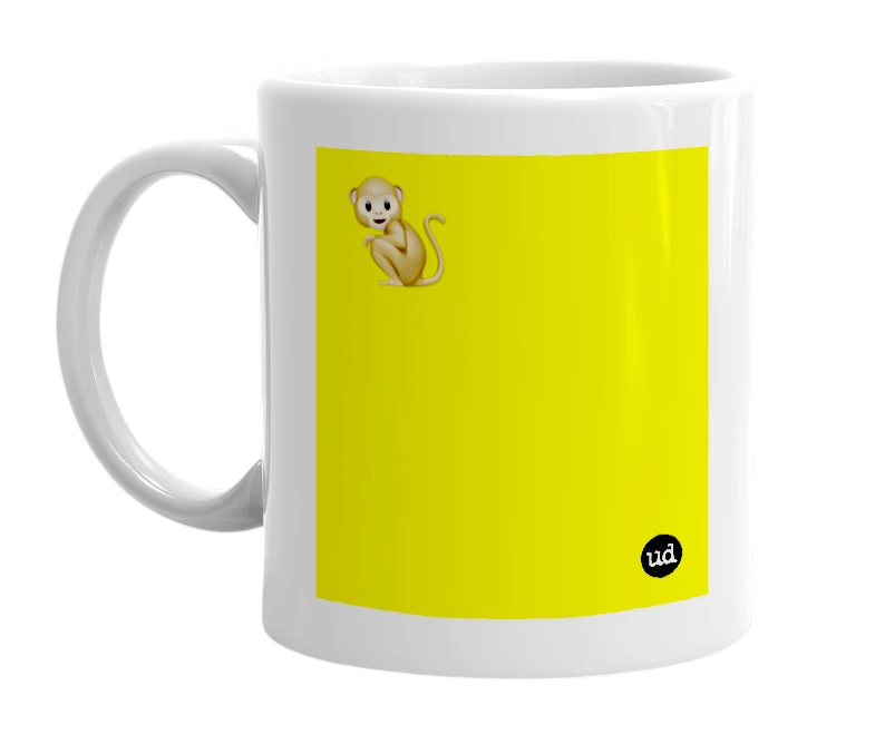 White mug with '🐒' in bold black letters