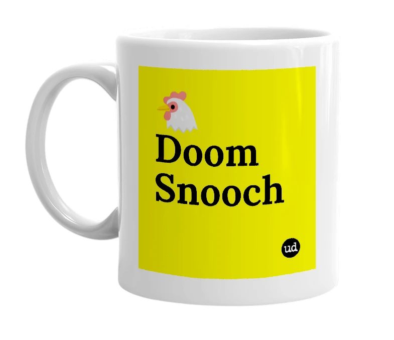 White mug with '🐔 Doom Snooch' in bold black letters