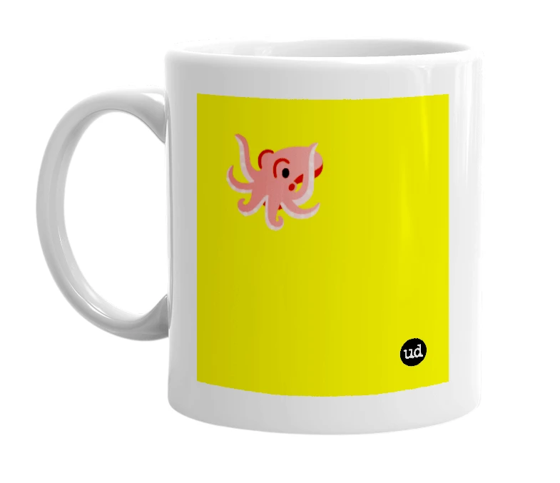 White mug with '🐙' in bold black letters