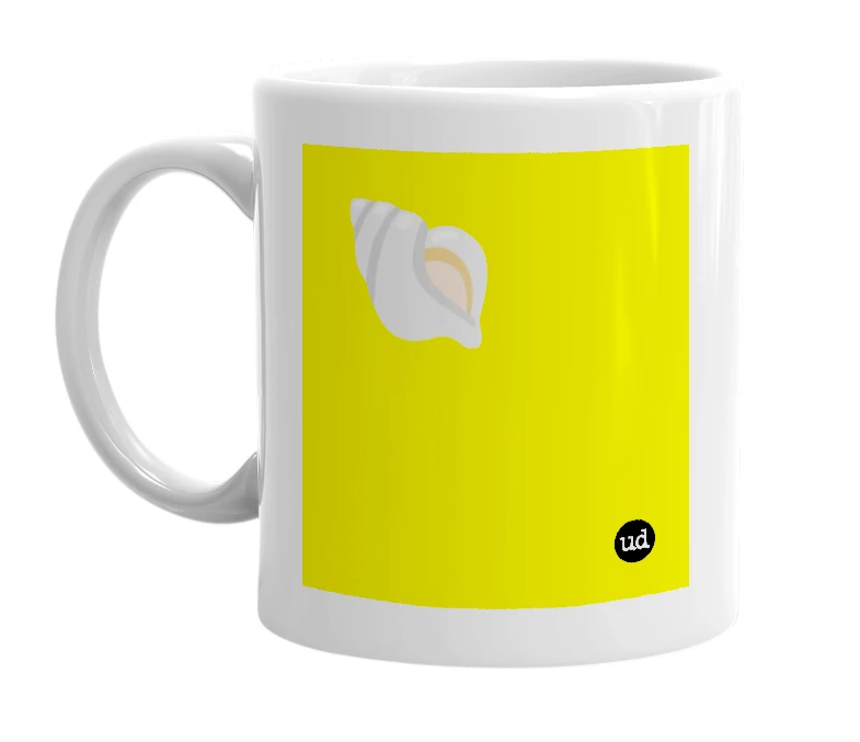 White mug with '🐚' in bold black letters