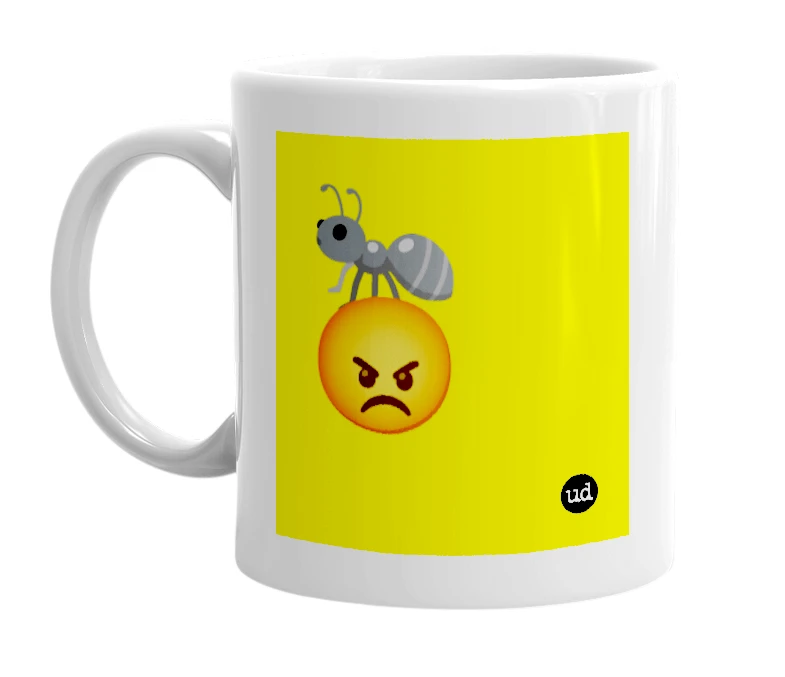 White mug with '🐜😡' in bold black letters