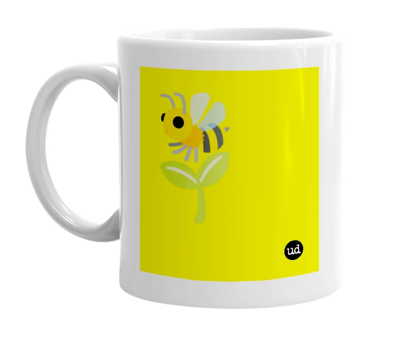 White mug with '🐝🌱' in bold black letters