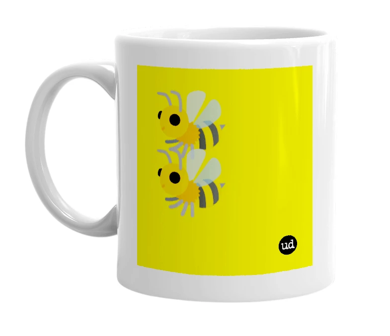 White mug with '🐝🐝' in bold black letters