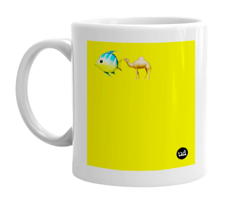 White mug with '🐠🐪' in bold black letters
