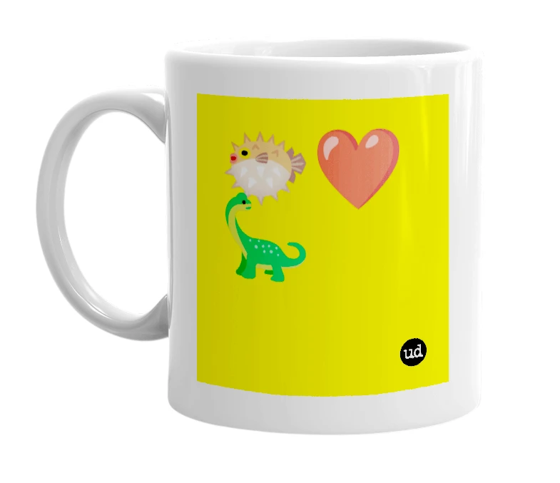 White mug with '🐡❤️🦕' in bold black letters