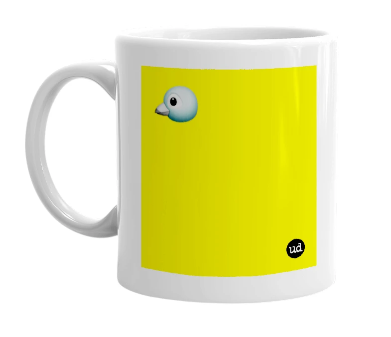 White mug with '🐦' in bold black letters