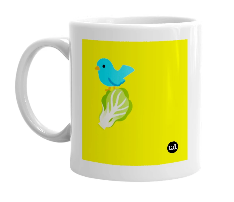 White mug with '🐦🥬' in bold black letters