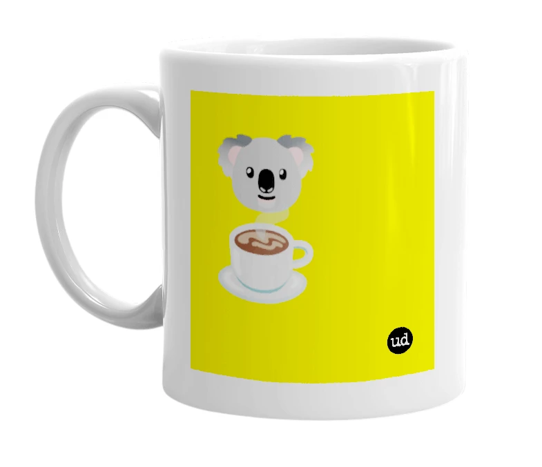 White mug with '🐨☕' in bold black letters