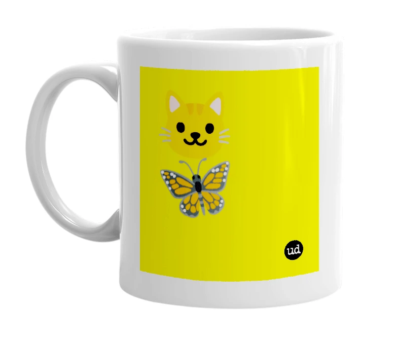 White mug with '🐱🦋' in bold black letters