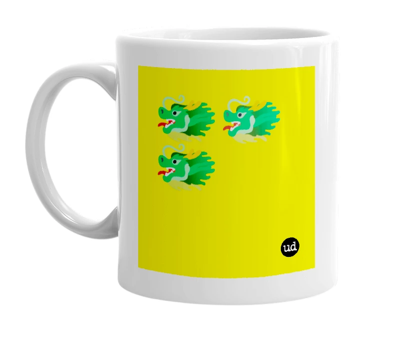 White mug with '🐲🐲🐲' in bold black letters