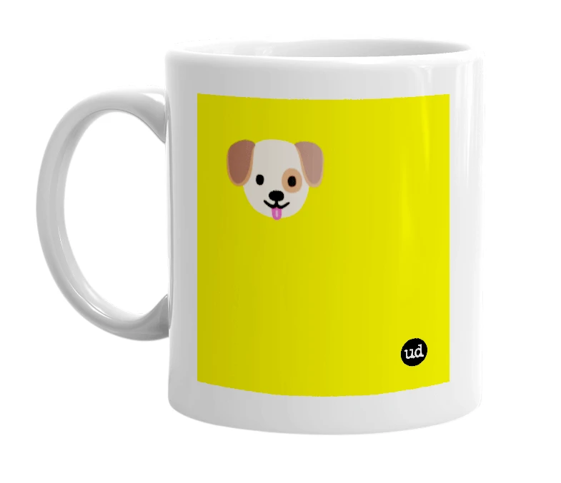 White mug with '🐶' in bold black letters
