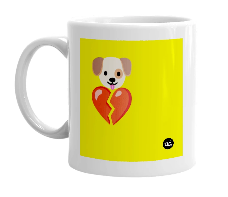 White mug with '🐶💔' in bold black letters