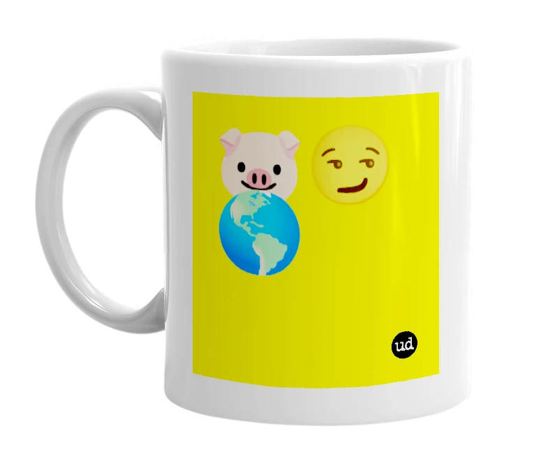 White mug with '🐷😏🌎' in bold black letters
