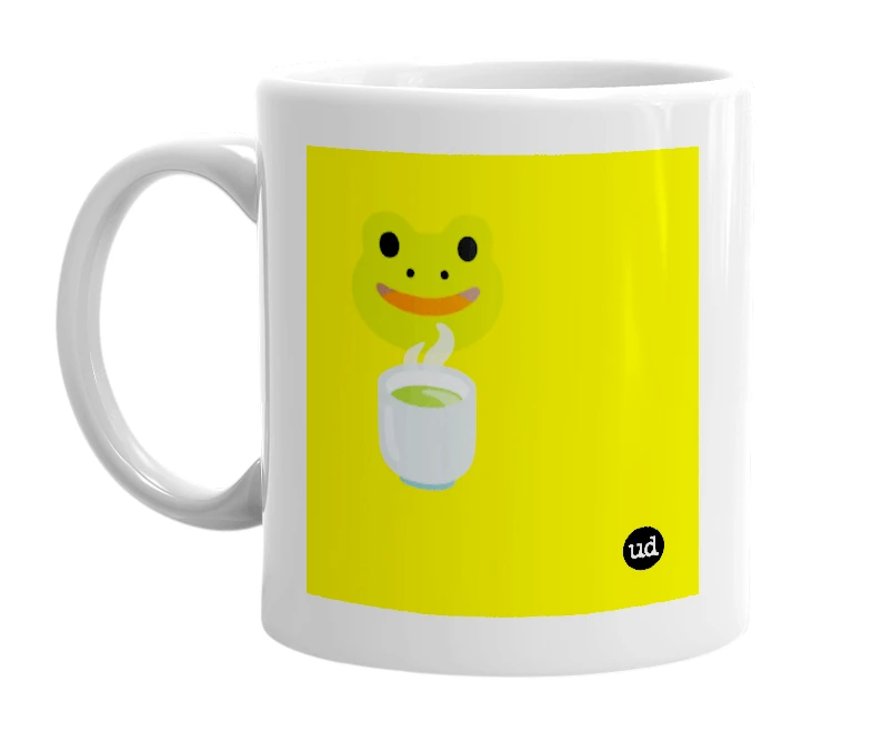 White mug with '🐸🍵' in bold black letters