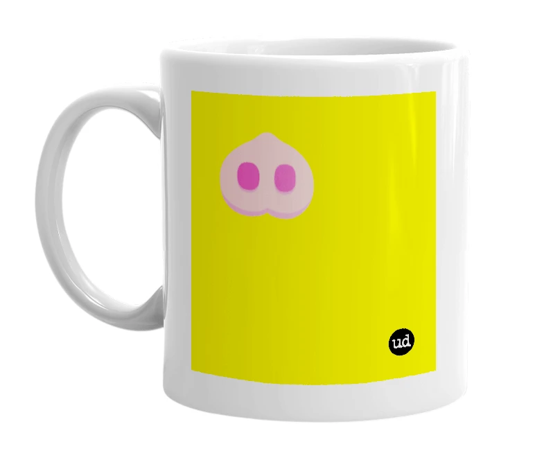 White mug with '🐽' in bold black letters