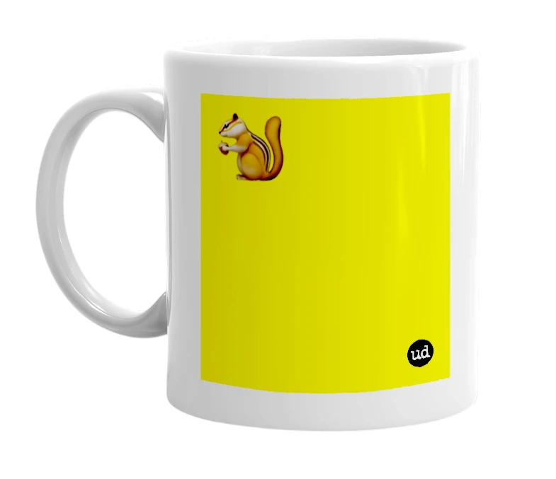 White mug with '🐿️' in bold black letters