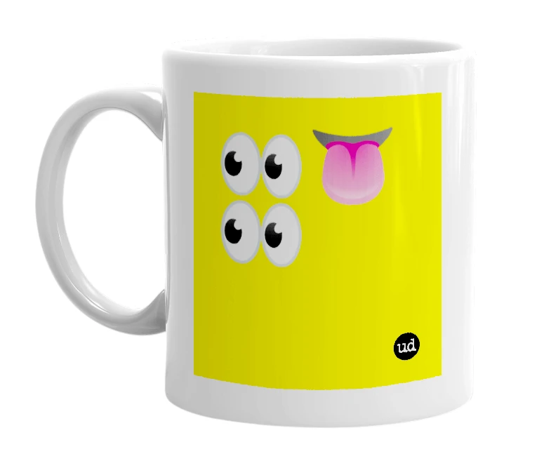 White mug with '👀👅👀' in bold black letters