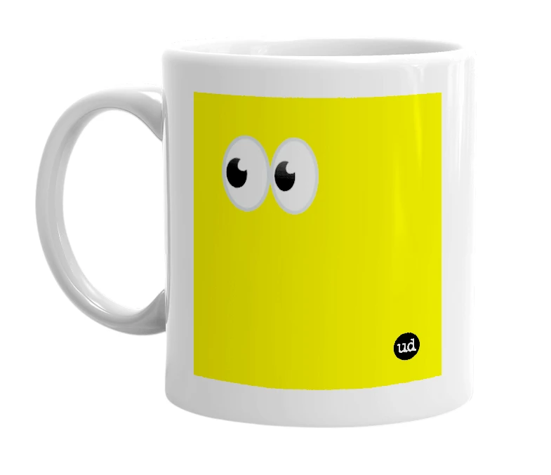 White mug with '👀' in bold black letters