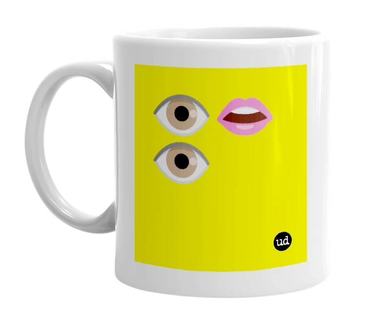 White mug with '👁️👄👁️' in bold black letters