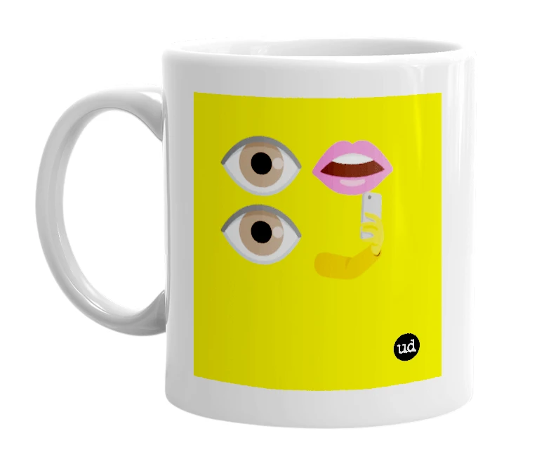 White mug with '👁️👄👁️🤳' in bold black letters