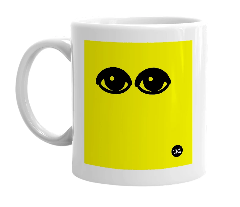 White mug with '👁👁' in bold black letters