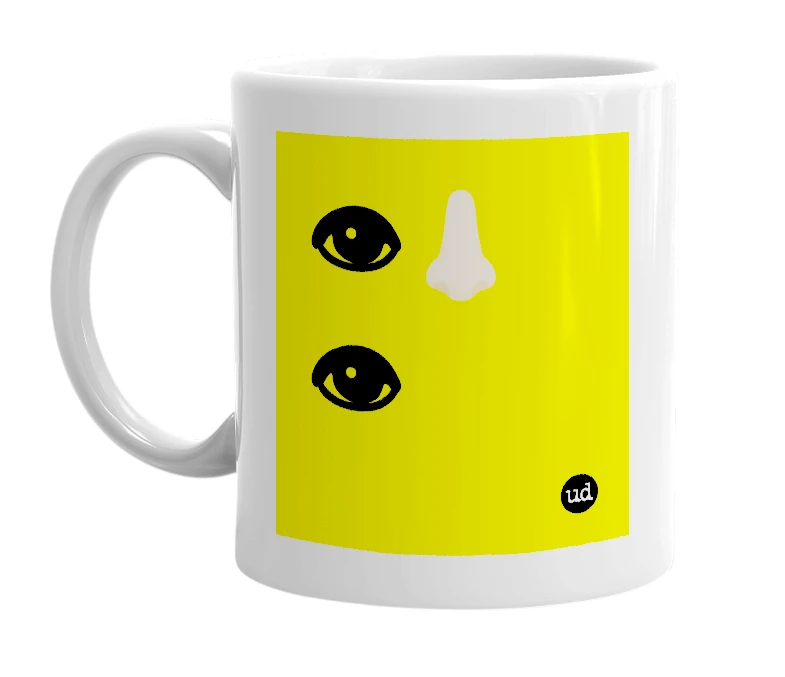 White mug with '👁👃🏻👁' in bold black letters